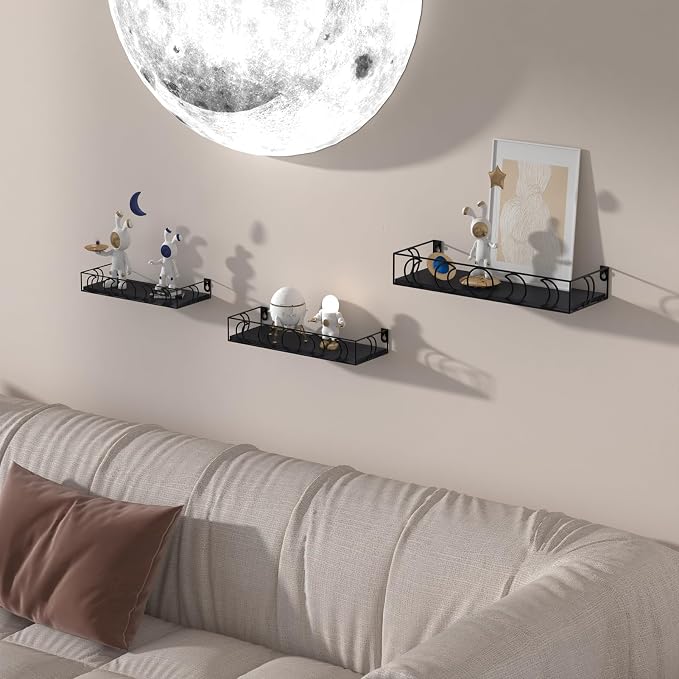Moon Phase Wall Shelves Black, 3 Pack Small Floating Book Plant Shelves for Bedroom Kid Room, Decorative Storage Display Shelf for Crystal Figurine Collectibles