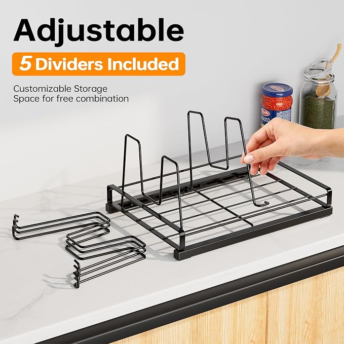 Lid Organizer for Inside Cabinet, Metal, 11" X 7.87" | Food Container Lid Organizer, 5 Adjustable Dividers, Lid Storage Organizer for Kitchen,Cupboard, Cabinets, Pantry, Drawers