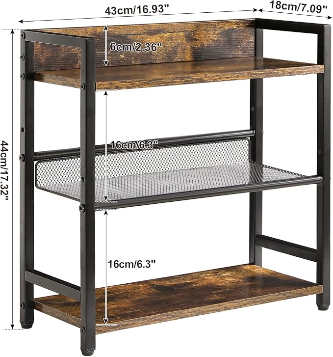 IBUYKE 3-Tier Spice Rack Industrial Counter Shelf Desktop Storage Organizer Standing Seasoning Rack for Countertop Kitchen Office Living Room Desktop Rustic Brown UTLJ021H