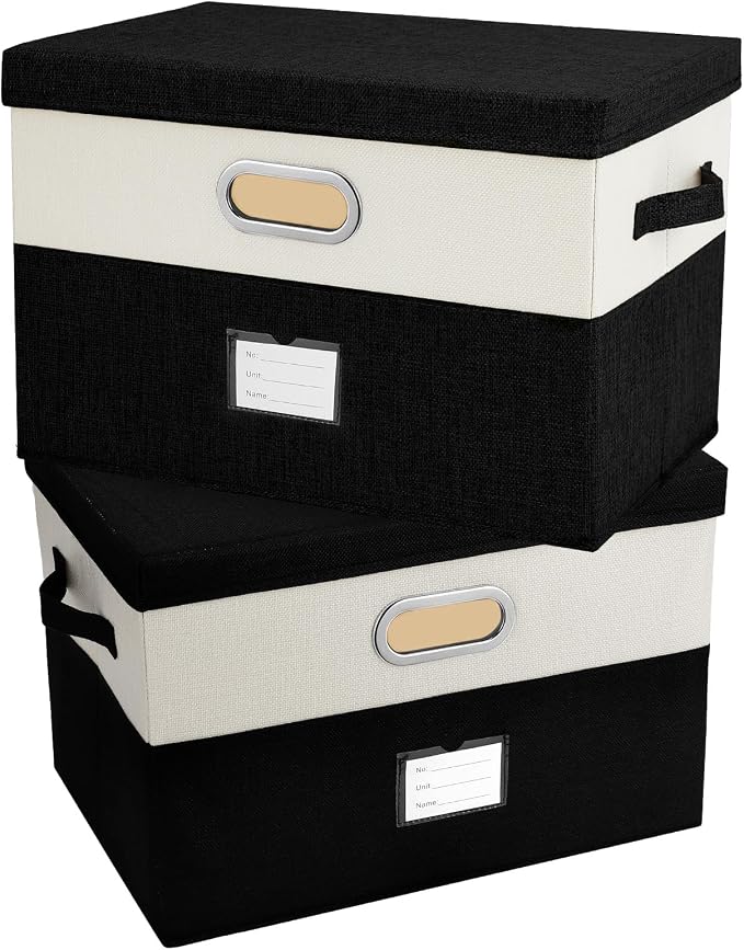 Large Linen Fabric Foldable Storage Bins with Removable Lid and Handles, Washable Storage Box Organizer Containers Baskets Cube with Cover for Bedroom,Office(Black&Cream, Large(2-Pack))