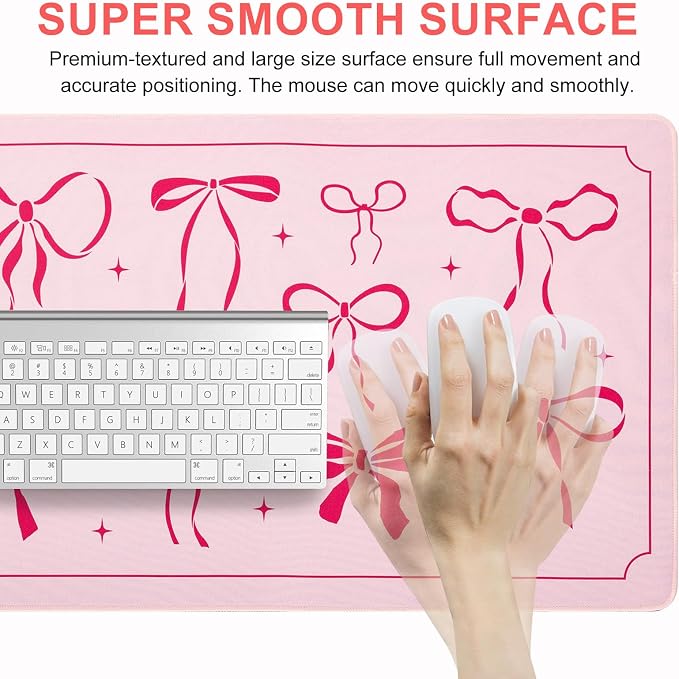 L-SPOUTTO Pink Bow Desk Mat for Keyboard and Mouse,Cute XXL Large Mouse Pad | Non-Slip Keyboard Pad Waterproof Girly Desktop Mat for Laptop Computer Work Game Home Office-Pink Ribbon