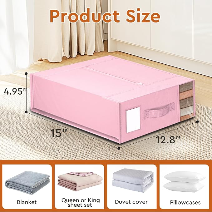 StorageTastic 2 Pack Bed Sheet Closet Organizers and Storage,Sturdy Foldable Storage Containers with Window and Label,Storage and Organization for Bedding Sheets,Duvet Covers,Blankets (Pink)