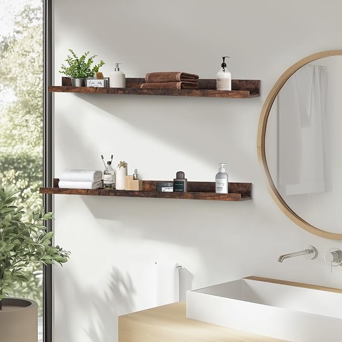Muzilife 55" Large Floating Shelves Wood Wall Shelf with Lip, 2Pcs, Brown | FSC-Certified Wood | 20 lbs Capacity | Space-Saving | Hanging Shelf | Wall Decor| Bedroom,Living Room,Bathroom,Kitchen,Office