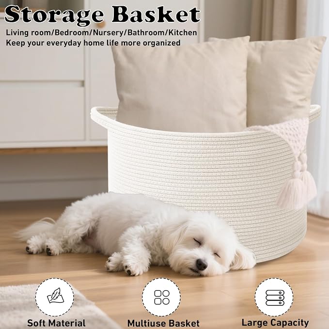 65L Large Blanket Basket,Woven Rope Laundry Basket Hamper with Handles,Decorative Nursery Basket Storage Bin for Toys, Pillows , Clothes Organizer, Living Room, Bedroom, Bathroom, White