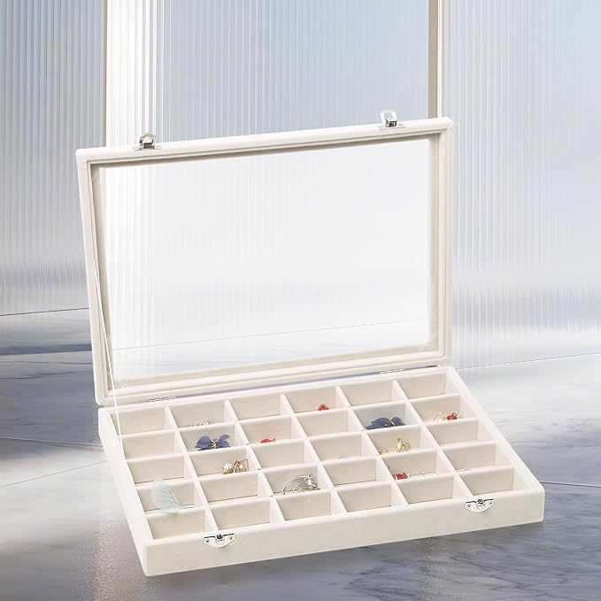 Stratalife Jewelry Organizer 30 Grid Earring Organizer Tray with Lid Jewelry Storage Tray for Earring Necklace Drawer Display for Women, 13.78"x9.4"x1.75"