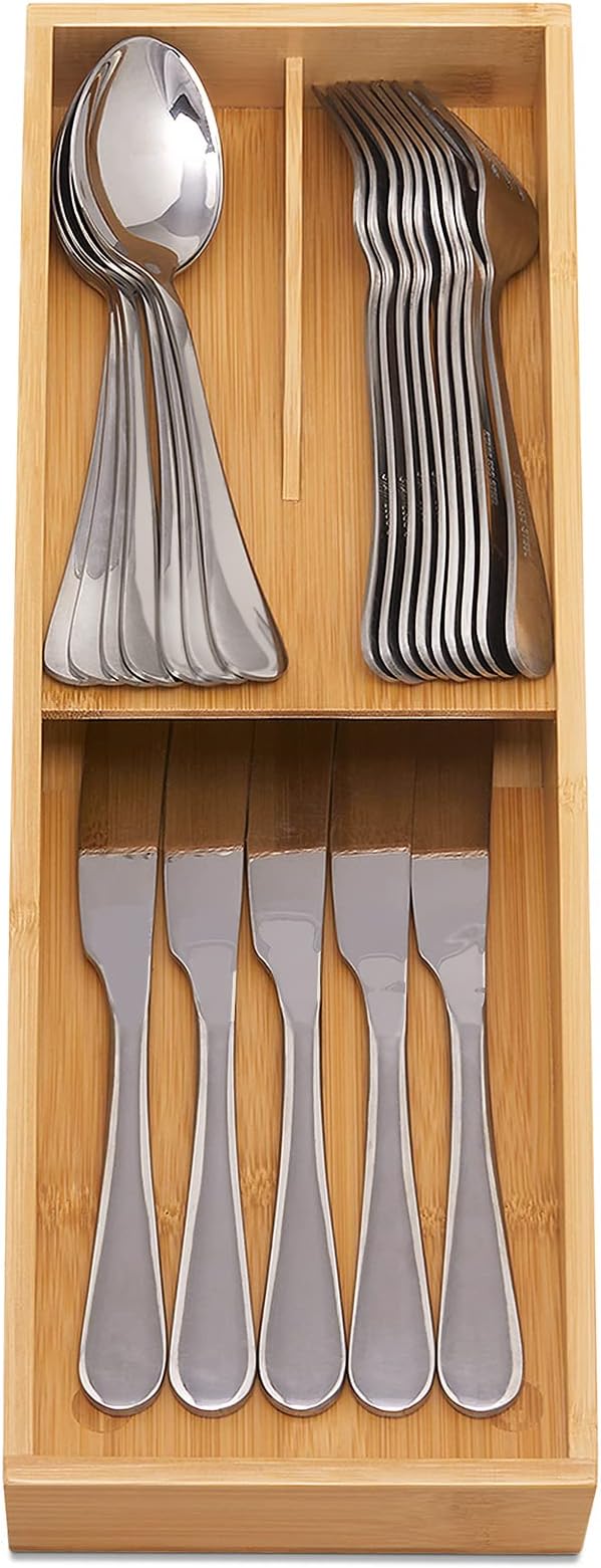 guiogc Bamboo Silverware Drawer Organizer, Kitchen Cutlery Tray,Utensil Holder for Spoons, Forks, Knives in Kitchen