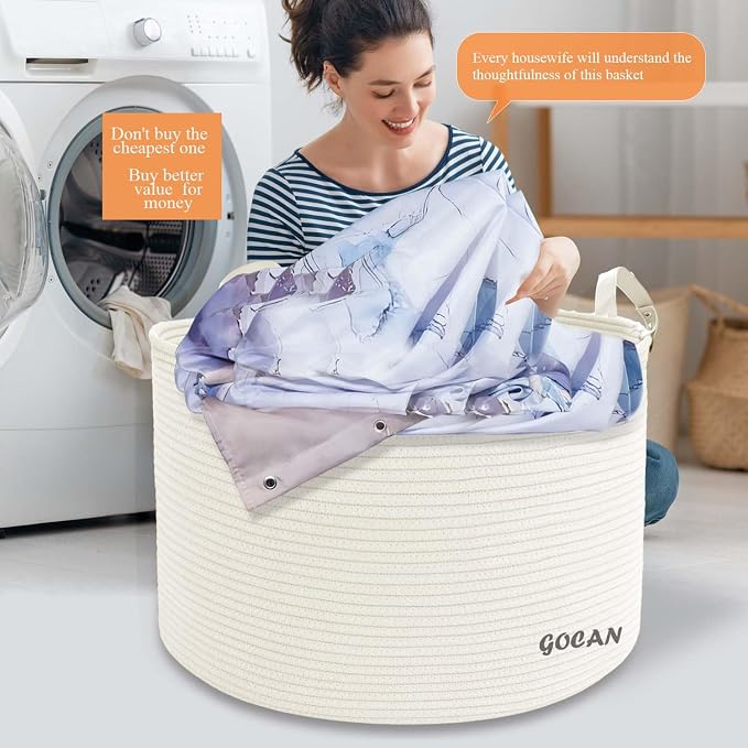 GOCAN Extra Large Storage Laundry Basket 22" X 22"X 14" Cotton Rope Woven Basket for Blanket Basket with Handles for Living Room Toys Storage XXXL (Cream)