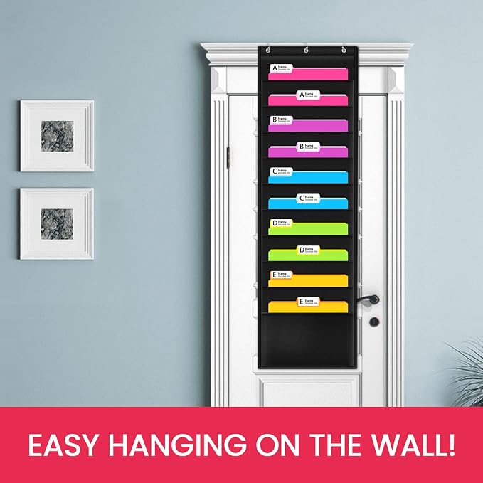 Premium Hanging File Folder Organizer, 10 Pockets, & 3 Hangers Cascading Wall Organizer，Perfect for Home Organization, School Pocket Chart, Office Bill Filing. Wall or Over Door Mount