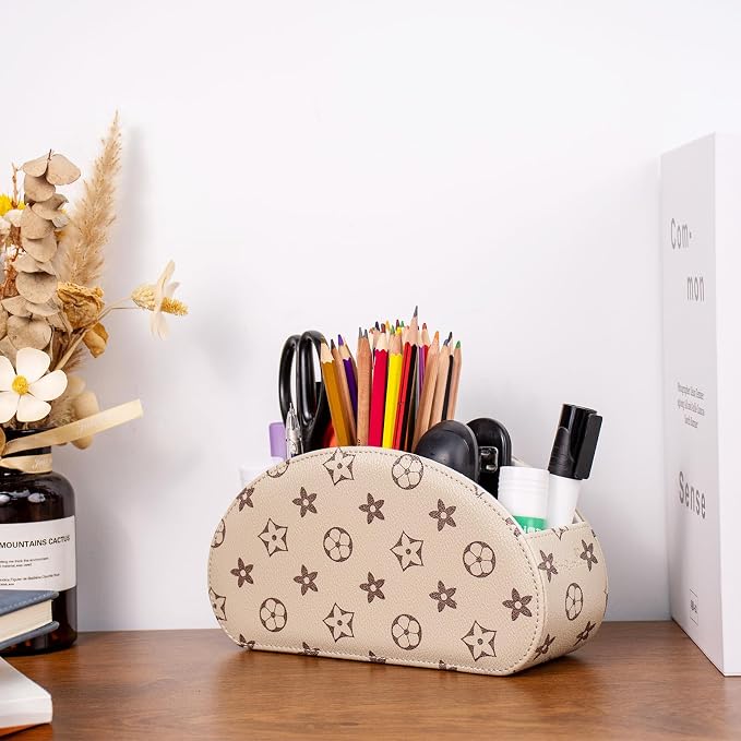 Remote Control Holders Organizer Box with 5 Compartment PU Leather Multi-functional Office Desk Storage Caddy Store Tv Remote for Media Player,Brush,Pencil,Glassees&Office Supplies (Begin+BrownF)