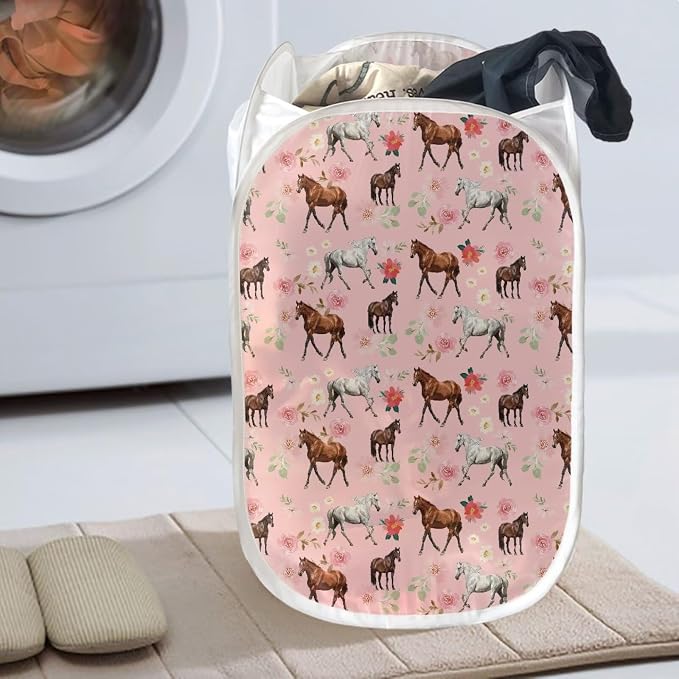 AFPANQZ Mesh Pop-Up Laundry Hampers Collapsible Clothes Basket with Side Pocket, Horse Floral Pink Foldable Save Place Steel Frame and Easy to Fold 61L, 13.5x13.5x21 inches