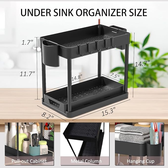 VNIMTI Under Sink Organizers and Storage, 2 Pack Pull Out Cabinet Organizer with Hooks, 2-Tier Under Sink Shelf for Bathroom and Kitchen, Multi-use Sliding Drawer with Large Capacity, Black