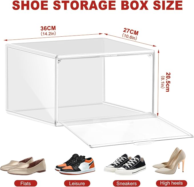 8 Pack Clear Shoe Boxes Shoe Organizer for Closet Size 12 Transparent Sneaker Display Case Stackable Storage Cubbies Grow Box with Magnetic Lid