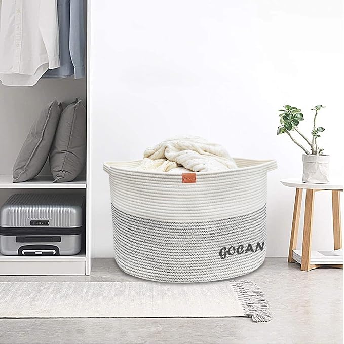 GOCAN Extra Large Laundry Basket 22" X 22"X 14" XXXL Cotton Rope Woven Basket for Blankets Storage Basket with Handles for Living Room (Beige)