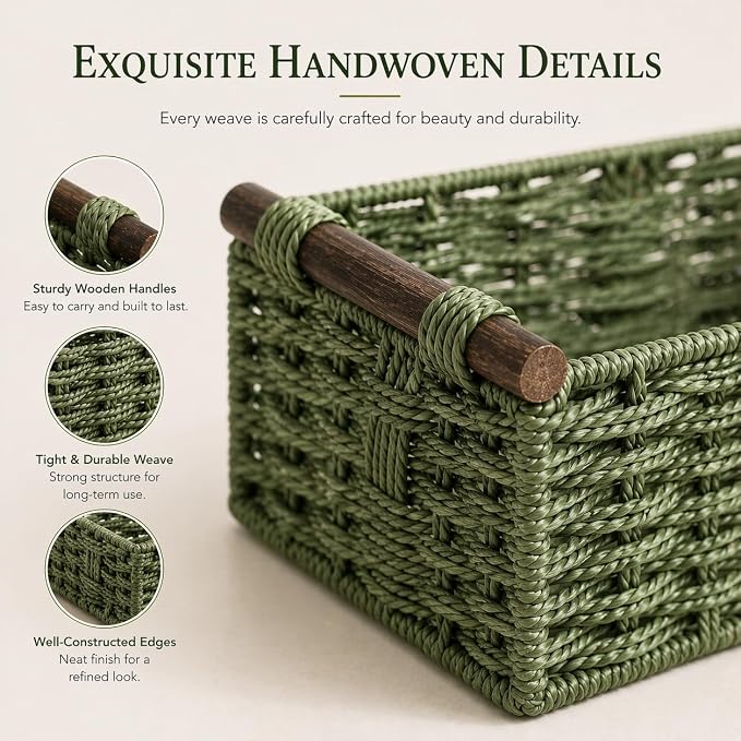 Sage Green Woven Bathroom Basket with Wood Handles — Toilet Paper Storage Organizer, Green Wicker Back of Toilet Basket, Boho Sage Green Bathroom Decor Tray for Tank Top or Shelf