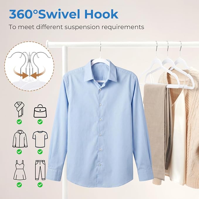 Smartor White Velvet Hangers 50 Pack, Non-Slip Space-Saving Clothes Hangers | Premium Slim Felt Hanger for Closet Organizers and Storage, Heavy Duty Hanger with Shoulder Notches and 360° Hooks for Coats