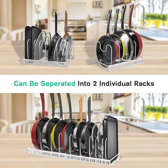 Puricon Pots and Pans Organizer Under Cabinet, Expandable Pot Rack with 10 Dividers, Lid Organizers Inside Cabinet, Cutting Board/Cookware/Bakeware/Baking Storage Holder for Kitchen -White