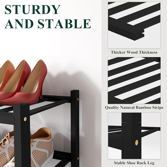 Smiry Bamboo Shoe Rack for Closet, 6 Tier Small Wooden Shoe Organizer, Stackable Wood Shoe Storage Shelf for Entryway, 14 Vertical Slats, 3+3 Stack Heavy-Duty Legs, 17.32"x11.02"x36.61", Black