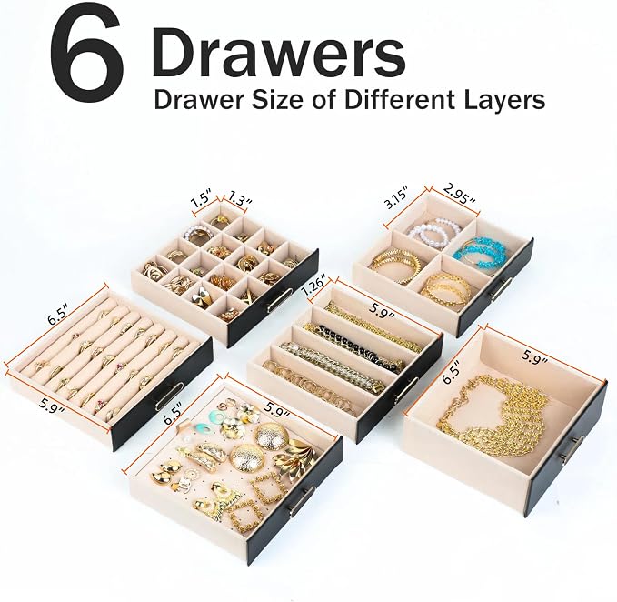 BOOVO Clear Lid Jewelry Box,6 Layers Jewelry Organizer Large Jewelry Storage Box with 6 Drawers,Jewelry Holder Organzier of Rings Earrings Necklace Bracelets for Women (Black, 6 Layer)