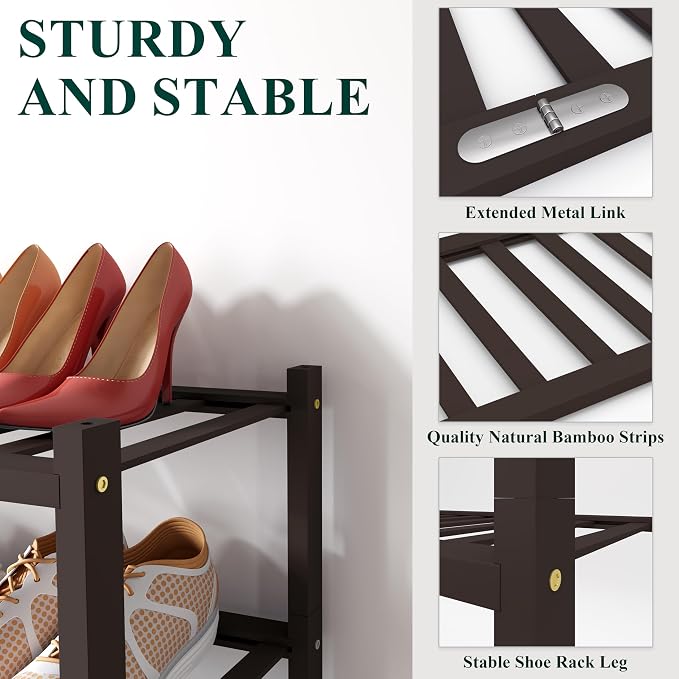 Smiry Bamboo Shoe Rack for Closet, 2 Tier Long Wooden Shoe Organizer, Stackable Wood Shoe Storage Shelf for Entryway, 14 Vertical Slats, One-piece Heavy-Duty Legs, 33.86"x11.02"x12.99", Brown