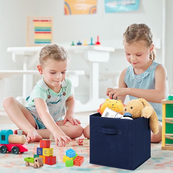 Stero Fabric Storage Bins 6 Pack Fun Colored Durable Storage Cubes with Fabric Handles Foldable Cube Baskets for Home, Kids Room, Closet and Toys Organization Dark Blue