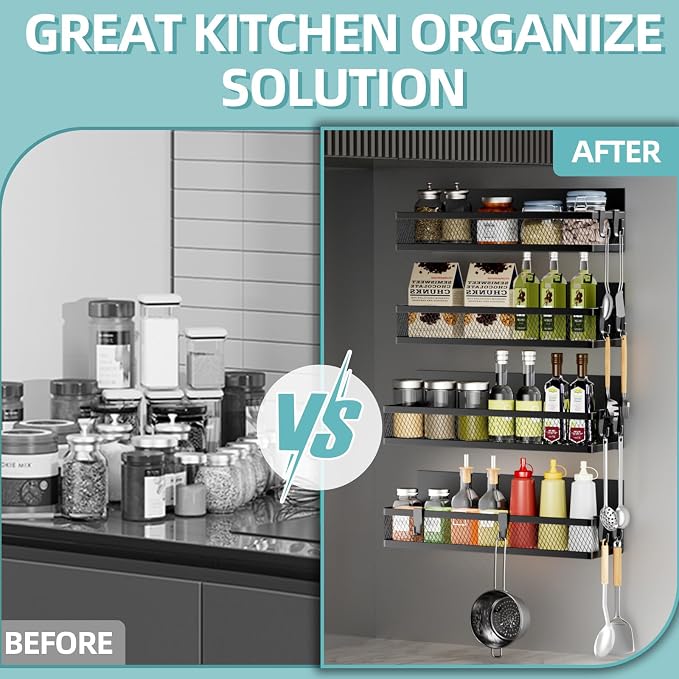 Magnetic Spice Rack for Refrigerator, 4 Pack Magnetic Shelf with 10-Hook Rack, Carbon Steel, Black, for Kitchen Organizers and Storage