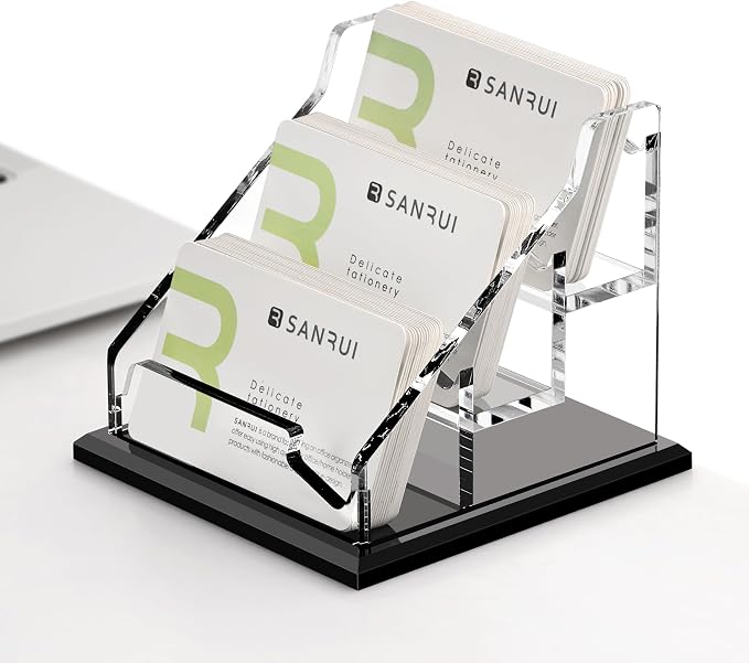SANRUI Black Business Card Holder for Desk 3 Slot , Clear Acrylic Horizontal Name Card Stand for Women and Men, Desktop Organizer Display for Office Home Exhibition - 180 Card Capacity 1 Pack