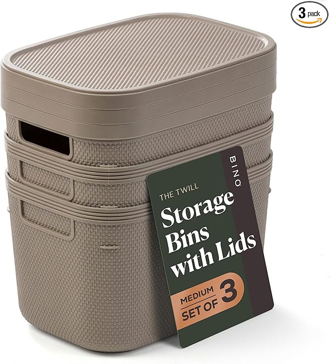 BINO | Plastic Storage Bins with Lids, 5.5 Liter - 3 Pack, Taupe | THE TWILL COLLECTION | Plastic Bins for Organization | Woven Storage Baskets for Organizing | Pantry Shelf Organizer Basket Bin