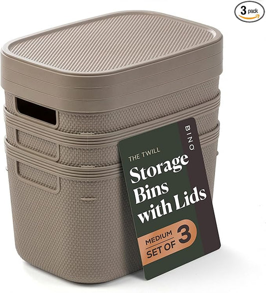 BINO | Plastic Storage Bins with Lids, 5.5 Liter - 3 Pack, Taupe | THE TWILL COLLECTION | Plastic Bins for Organization | Woven Storage Baskets for Organizing | Pantry Shelf Organizer Basket Bin
