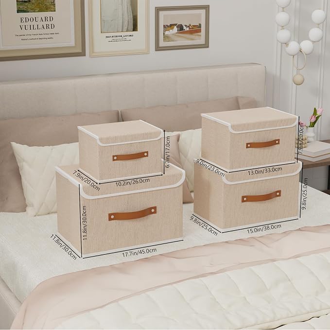 Yawinhe Collapsible Storage Boxes, Stackable Linen Fabric Baskets, Bin with lid and Leather Handle, Washable, for Home, Closet, Beige, 10.2x7.9x6.7 In, 3-Pack, SNK024BEN-3