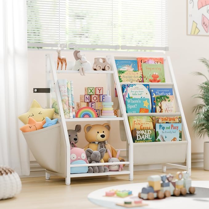 LATIBELL 3 Tier Kids Bookshelf and Toy Storage, Kids Book Sling Shelf, Montessori Baby Toddler Bookshelf for Kid, Kid Bookcase, Toy Storage Organizer (White)