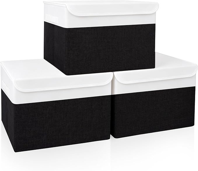 Large 17" 42 Quarts Collapsible Stackable Storage Bins with Lids [3-Pack] Foldable Fabric Linen Storage Boxes Cube, Closet Organizer Baskets with Label for Home (16.7 x 12 x 12", Black & White)