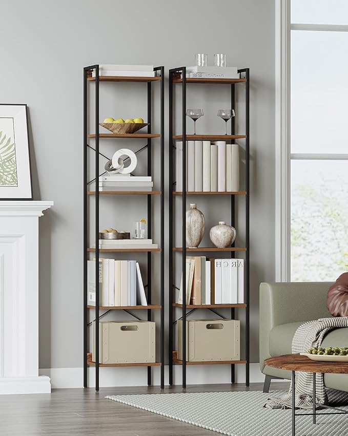 Hzuaneri Bookshelf, Book Shelf, Industrial Bookcase with 2 Hooks, Coner Shelf Storage Organizer for Home Office, Living Room, Bedroom, Kitchen, 6-Tier Rustic Brown BC10701B