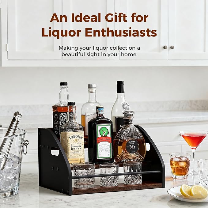 Liquor Bottle Display Shelf, Coffee Syrup Rack Organizer with Metal Hand, 3 Step Countertop Liquor Wine Rack, Mini Bar, Liquor Cabinet, Home Retro Bar Shelf Stand for Liquor Whiskey, Bourbon, Spirits