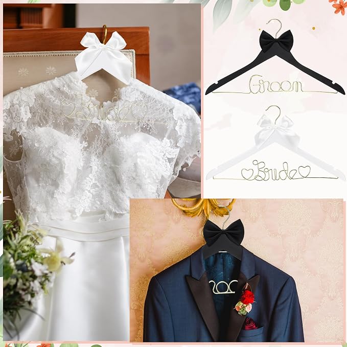 Beeveer 2 Pcs Wire Bride Hanger and Groom Wedding Wooden Hanger with Letter and Bow Tie for Tuxedo Suit Bridesmaid Bridal Wedding Gift Bridal Party Shower
