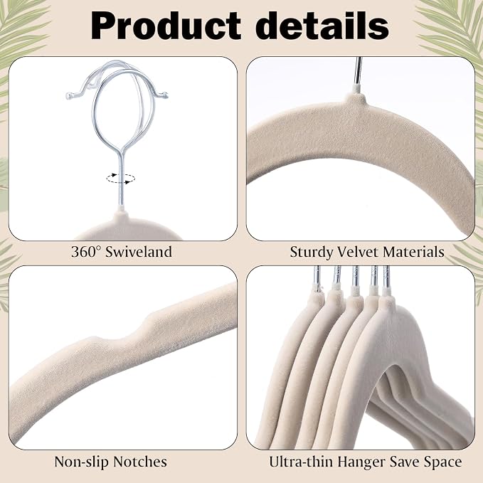 DoubleFill 50 Pack Velvet Hangers Non-Slip Shirt Clothes Hangers 360° Swivel Hook Slim Flocked Coat Hanger Heavy Duty Space Saving Felt Hanger for Women Men Pants Jackets Dress(Ivory White)