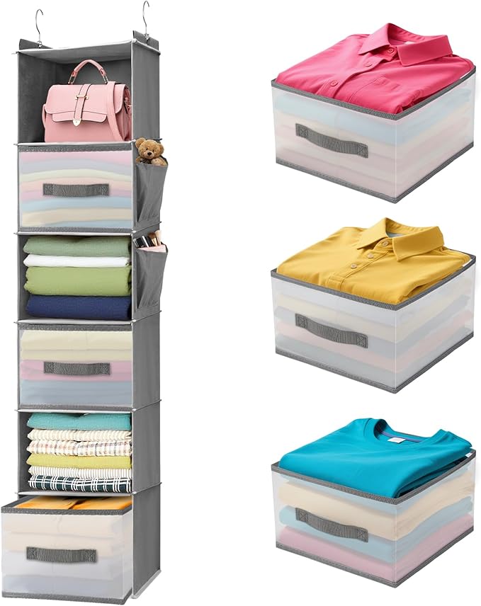 6-Shelf Hanging Closet Organizer with 3 Drawers & Side Pockets, Gray | Non-woven fabric, tool-free setup, ideal for bedrooms/dorms/RVs, 3 foldable transparent drawers for easy access
