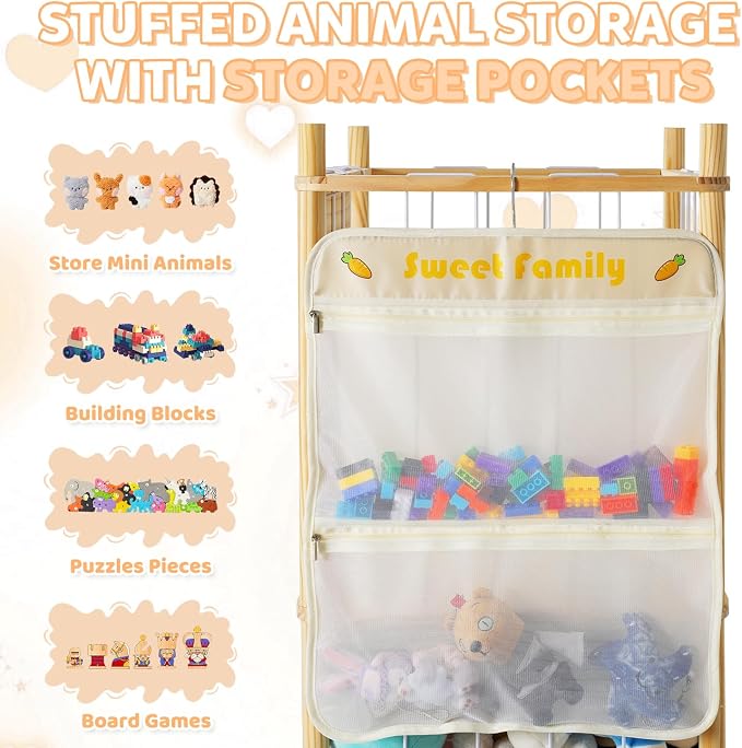 Stuffed Animal Storage Organizer, Large Wooden Zoo Toy Holder with Pockets, Plushie, Stuffy,Toy Storage for Kids Room, Playroom, Bedroom(Natural Large)