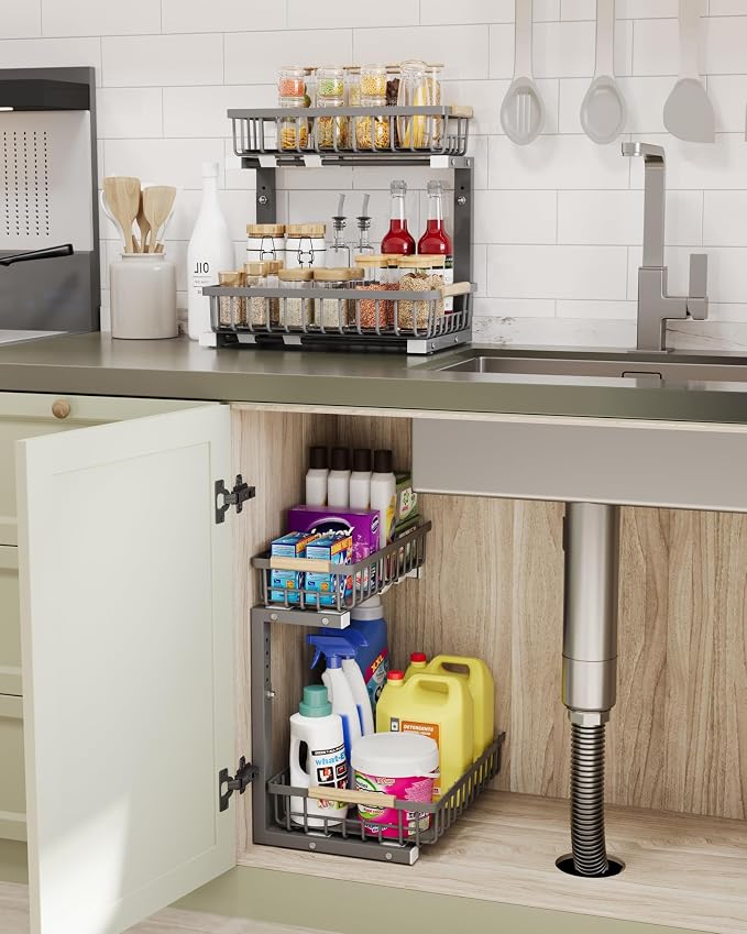 Under Sink Organizer Storage for Families: Pull Out Storage Undersink Organizers Drawer Cabinet - Sliding 2 Tier Rack Metal Organization Under Counter Kitchen Bathroom for Homemakers(Gray,1 Pack)