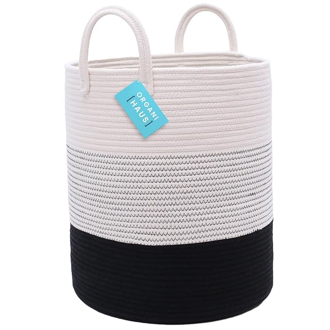 OrganiHaus Tall Cotton Rope Laundry Basket & Hamper, Blanket Storage 52L | 3-Toned Black - Tall Cotton Rope Hamper, 52L