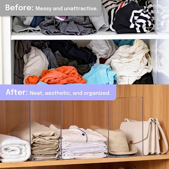 OKPOW Acrylic Shelf Dividers for Closet Organization: 10" Tall X 8.46" Deep Durable 8 Pack Clear Shelves Separators for Clothing Adjustable Purse Organizer
