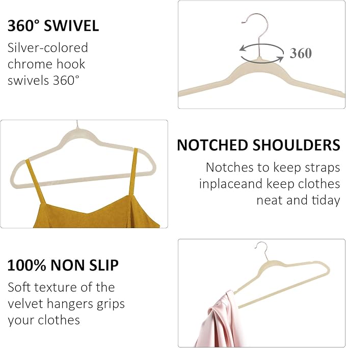 VECELO Premium Velvet Clothes Hangers Suit Heavy Duty (50 Pack)-Non Slip & Space-Saving with 6 Finger Clips & Tie Rack Excellent for Men and Women,Light Beige