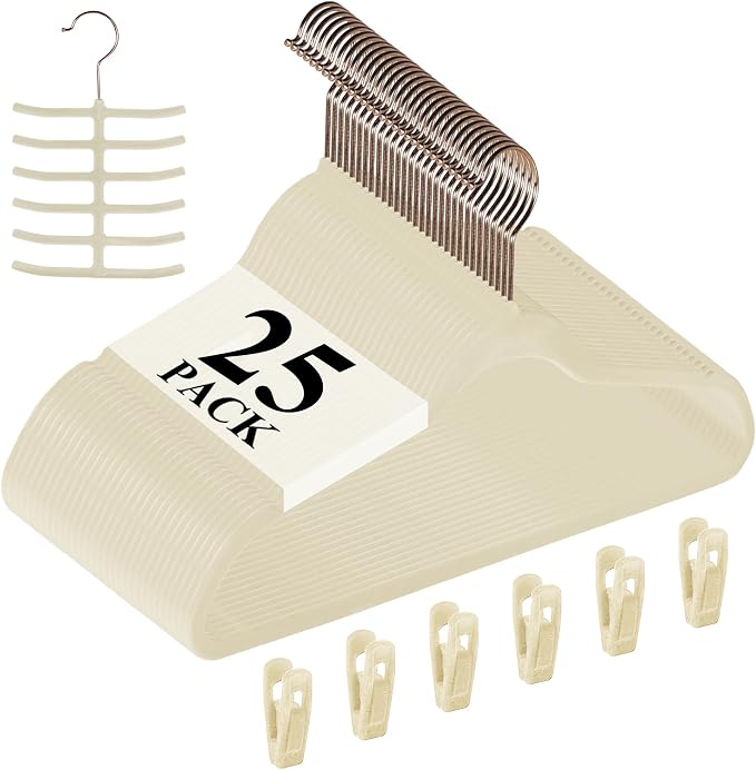 VECELO Premium Velvet Clothes Hangers Suit Heavy Duty (25 Pack)-Non Slip & Space-Saving with 6 Finger Clips & Tie Rack Excellent for Men and Women，Light Beige