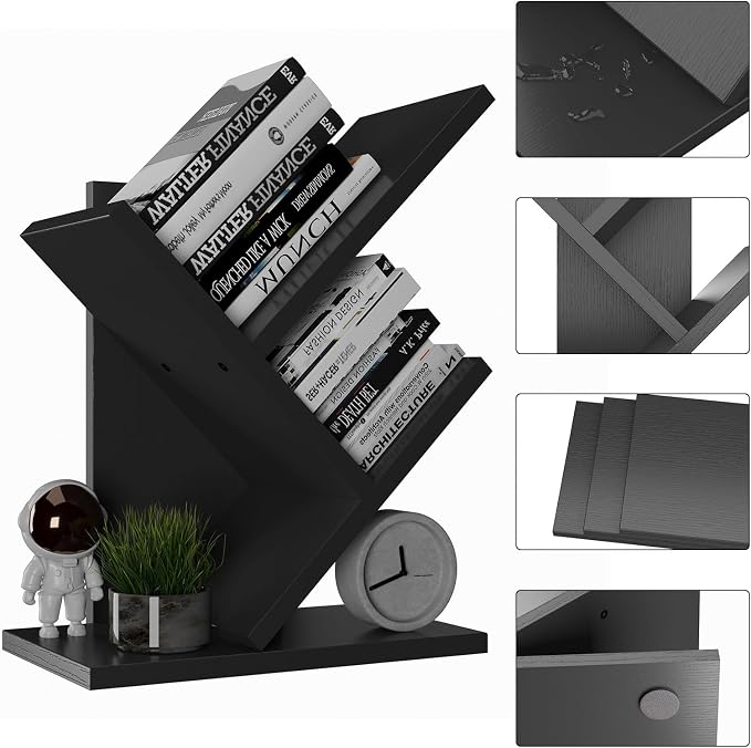 YMYNY 2 Tier Tree Bookshelf, Small Bookcase, Modern Wood Book Storage Rack Organizer, Freestanding Book Shelf for Books/Movies/CDs, Display Rack for Bedroom, Home Office, Black UHBC012B