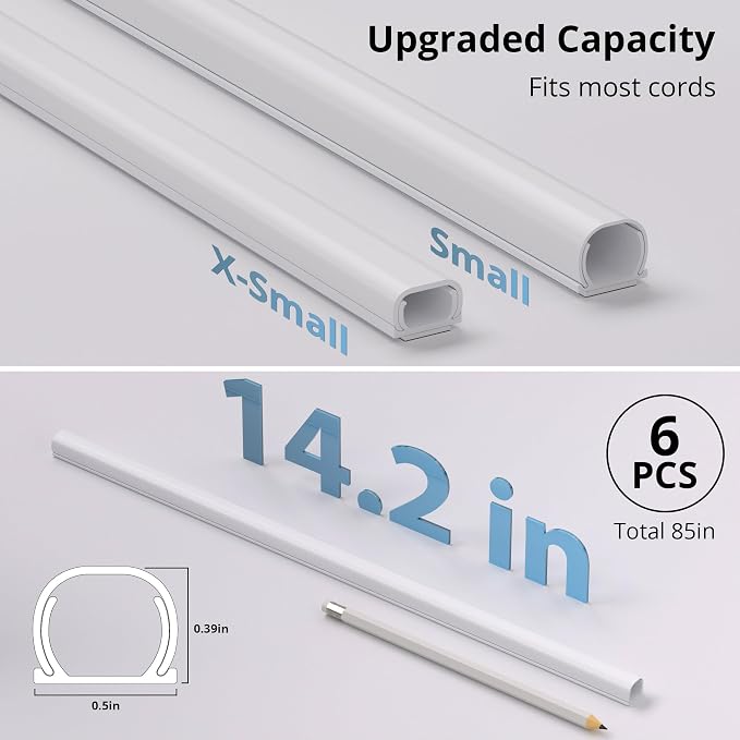ZhiYo 85in Cord Hider for One Wire, Self-Adhesive Cord Covers for Wires on Wall, Paintable TV Cable Hider Wire Covers for Cords, White Cable Management Raceway Channel, 6X L14in, W0.5in H0.4in