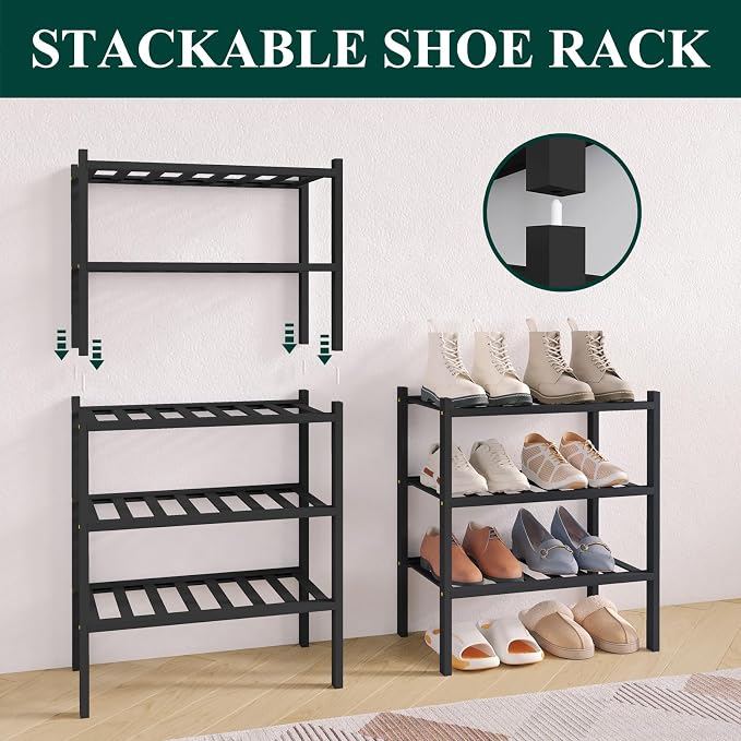 Smiry Bamboo Shoe Rack for Closet, 3 Tier Small Wooden Shoe Organizer, Stackable Wood Shoe Storage Shelf for Entryway, 14 Vertical Slats, One-piece Heavy-Duty Legs, 17.32"x11.02"x18.31", Black