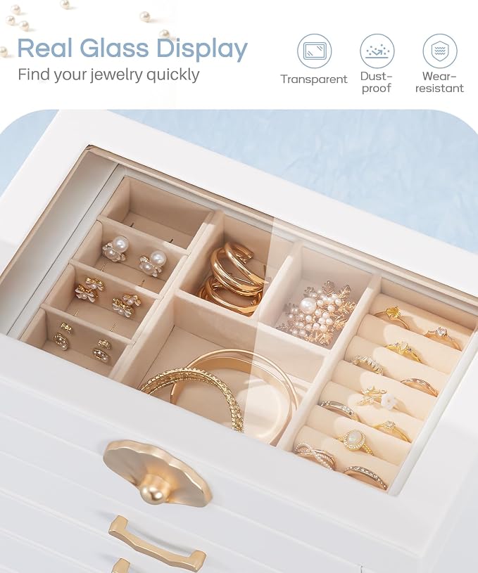 Enthralite Jewelry Box with 4 Drawers : Jewelry Display Organizer for Earrings Necklaces - Gift for Girls Women | White