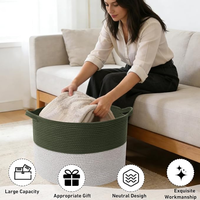 90L Extra Large Blanket Basket,Rope Woven Storage Basket with Handles, Laundry Hamper for Toys, Clothes, Pillows & Towels, Perfect for Living Room, Nursery & Bedroom,Green&White