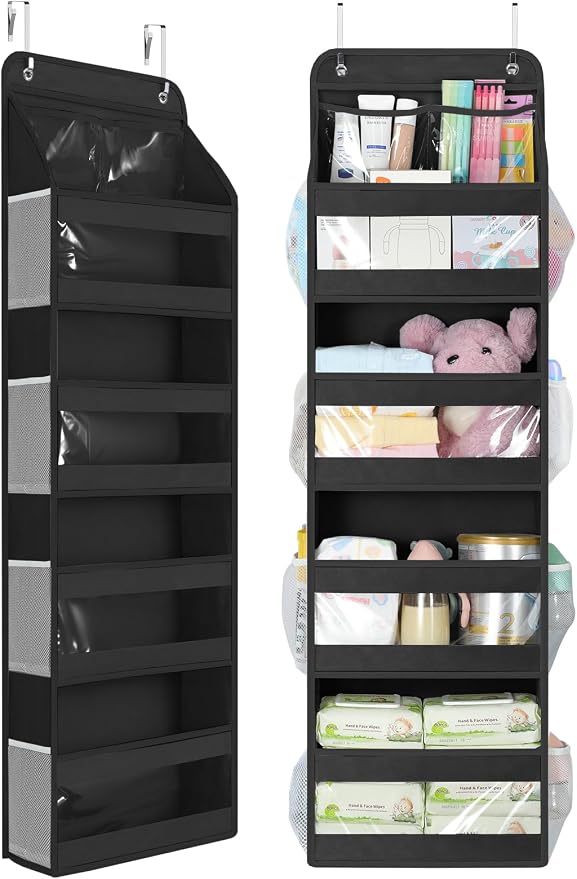 Yecaye 5 Tier Over the Door Organizer, Swing-proof Door Organizer Hanging with Clear PVC Windows, Behind the Door Storage for Bedroom Nursery Closet Laundry Pantry Bathroom, Black