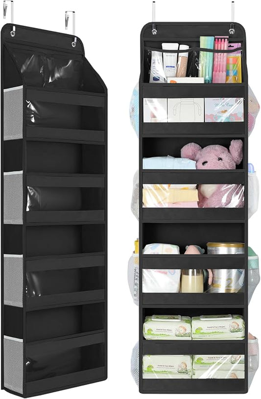 Yecaye 5 Tier Over the Door Organizer, Swing-proof Door Organizer Hanging with Clear PVC Windows, Behind the Door Storage for Bedroom Nursery Closet Laundry Pantry Bathroom, Black