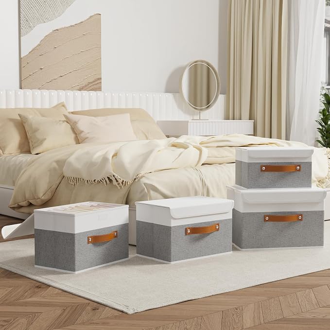 OUTBROS Large Fabric Storage Box with Lids, Foldable Linen Wardrobe Containers, Organiser For Towels, Clothes, 17.7 x 11.8 x 11.8 inch (White/Grey, 1-Pack) | Foldable Linen Wardrobe Containers, Organiser For Towels, Clothes